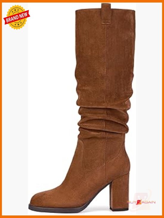 Shoes - Knee High Boots with Chunky Heel, Slouch Style, Side Zipper, Faux Suede